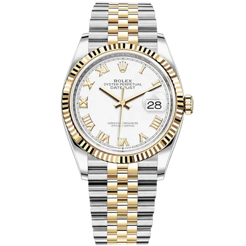 Datejust 36 36mm Oystersteel Jubilee Bracelet and Yellow Gold with White Dial Fluted Bezel - Rolex