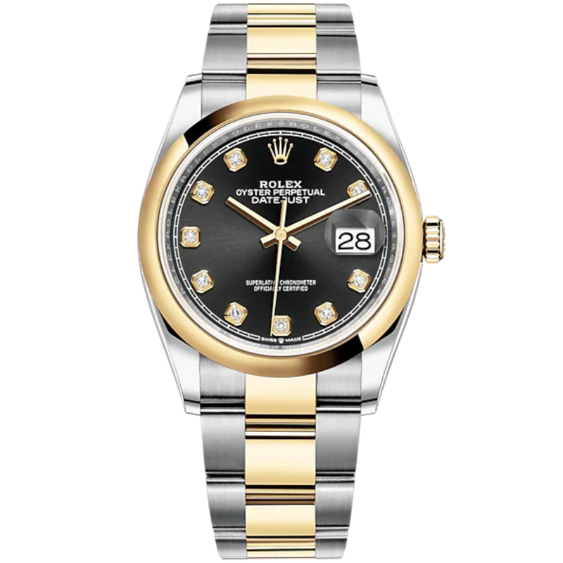 Datejust 36 36mm Oyster Bracelet Oystersteel and Yellow Gold with Bright Black Diamond-Set Dial Domed Bezel - Rolex