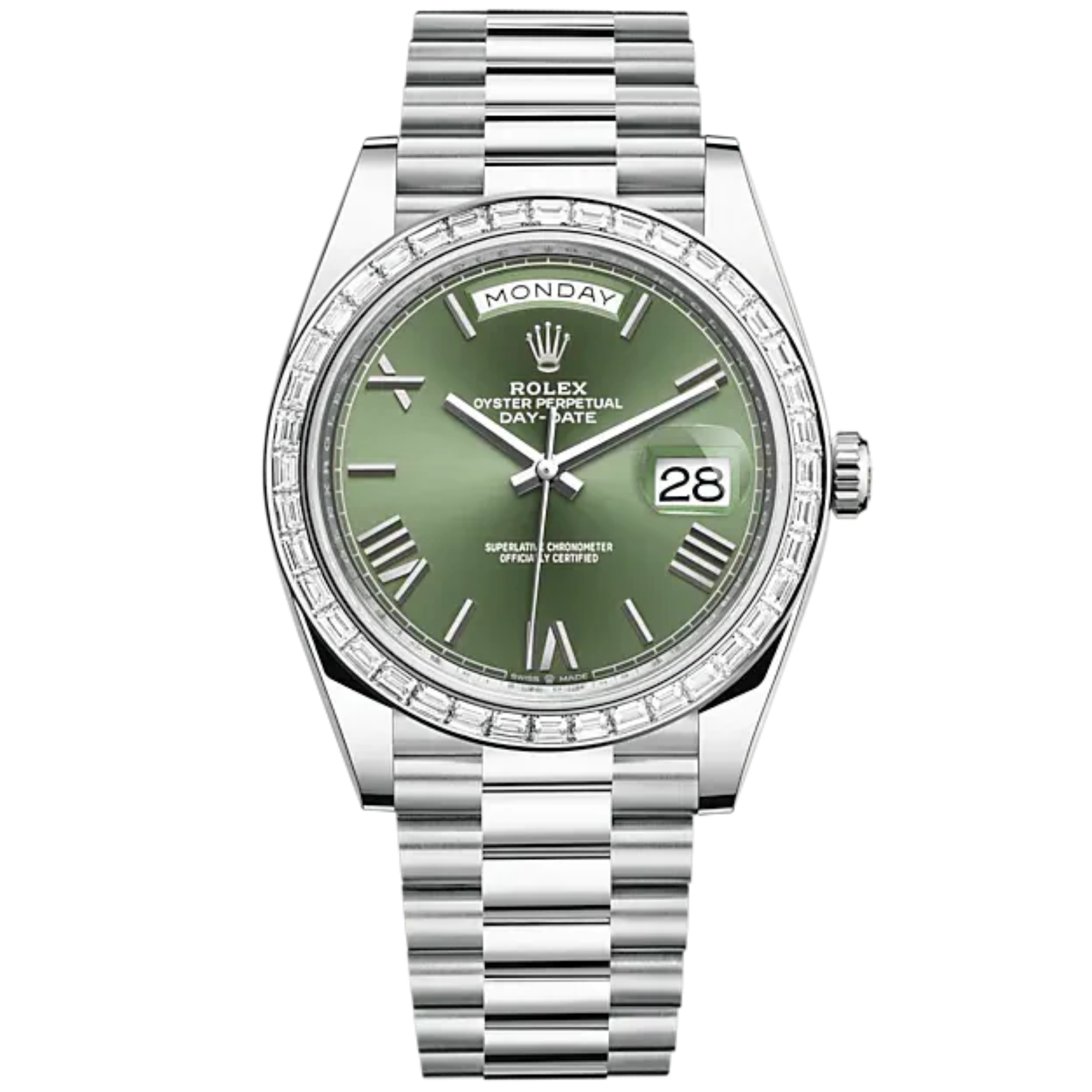 Day-Date 40 40mm President Bracelet and Platinum with Olive Green Dial and Diamond-Set Bezel - Rolex