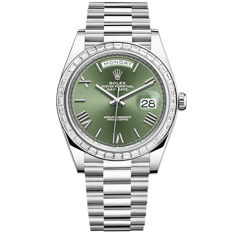 Day-Date 40 40mm President Bracelet and Platinum with Olive Green Dial and Diamond-Set Bezel - Rolex