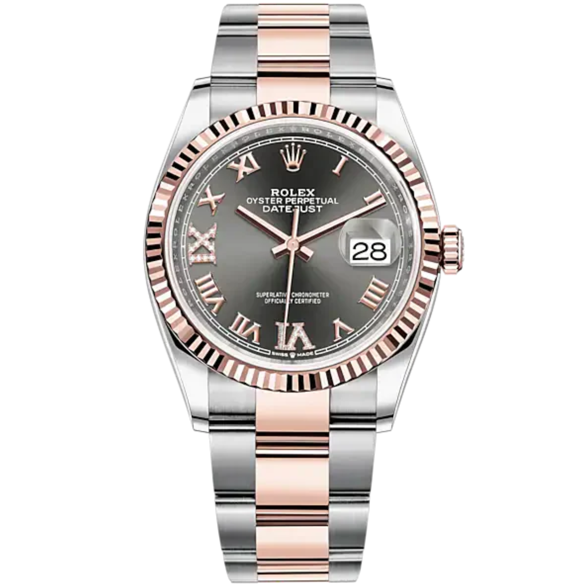 Datejust 36 36mm Oyster Bracelet Oystersteel and Everose Gold with Slate Diamond-Set Dial Fluted Bezel - Rolex