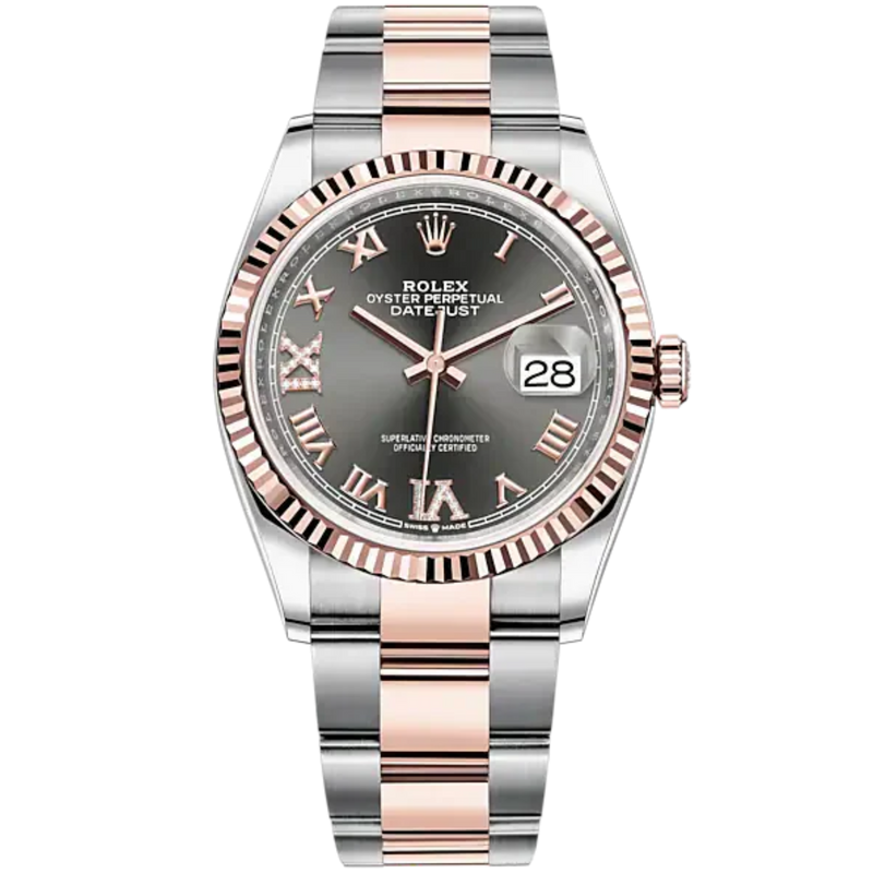 Datejust 36 36mm Oyster Bracelet Oystersteel and Everose Gold with Slate Diamond-Set Dial Fluted Bezel - Rolex