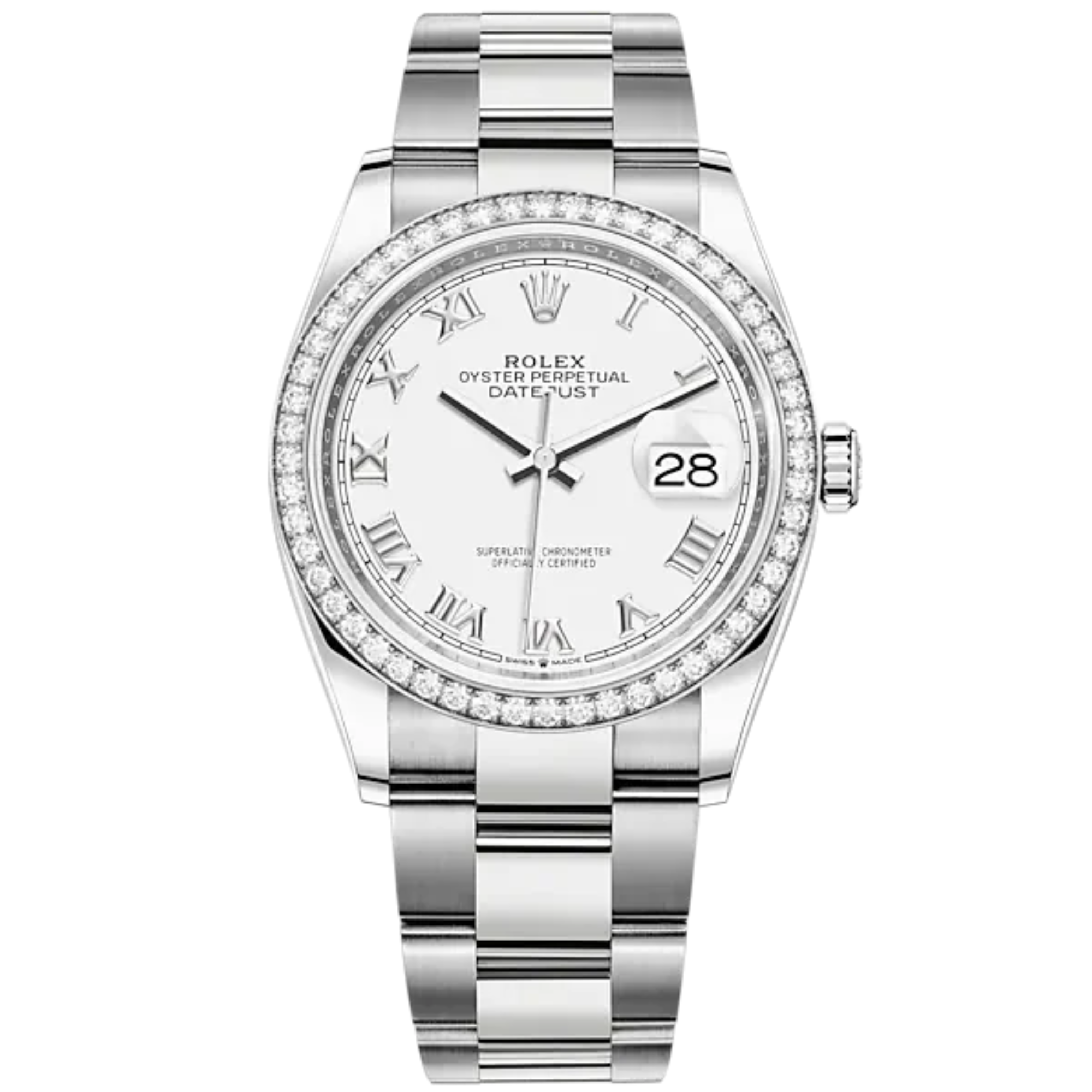Datejust 36 36mm Oyster Bracelet Oystersteel and White Gold with White Dial Diamond-Set Bezel - Rolex
