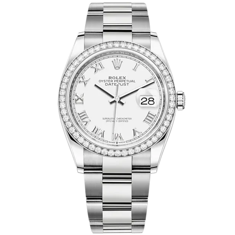 Datejust 36 36mm Oyster Bracelet Oystersteel and White Gold with White Dial Diamond-Set Bezel - Rolex