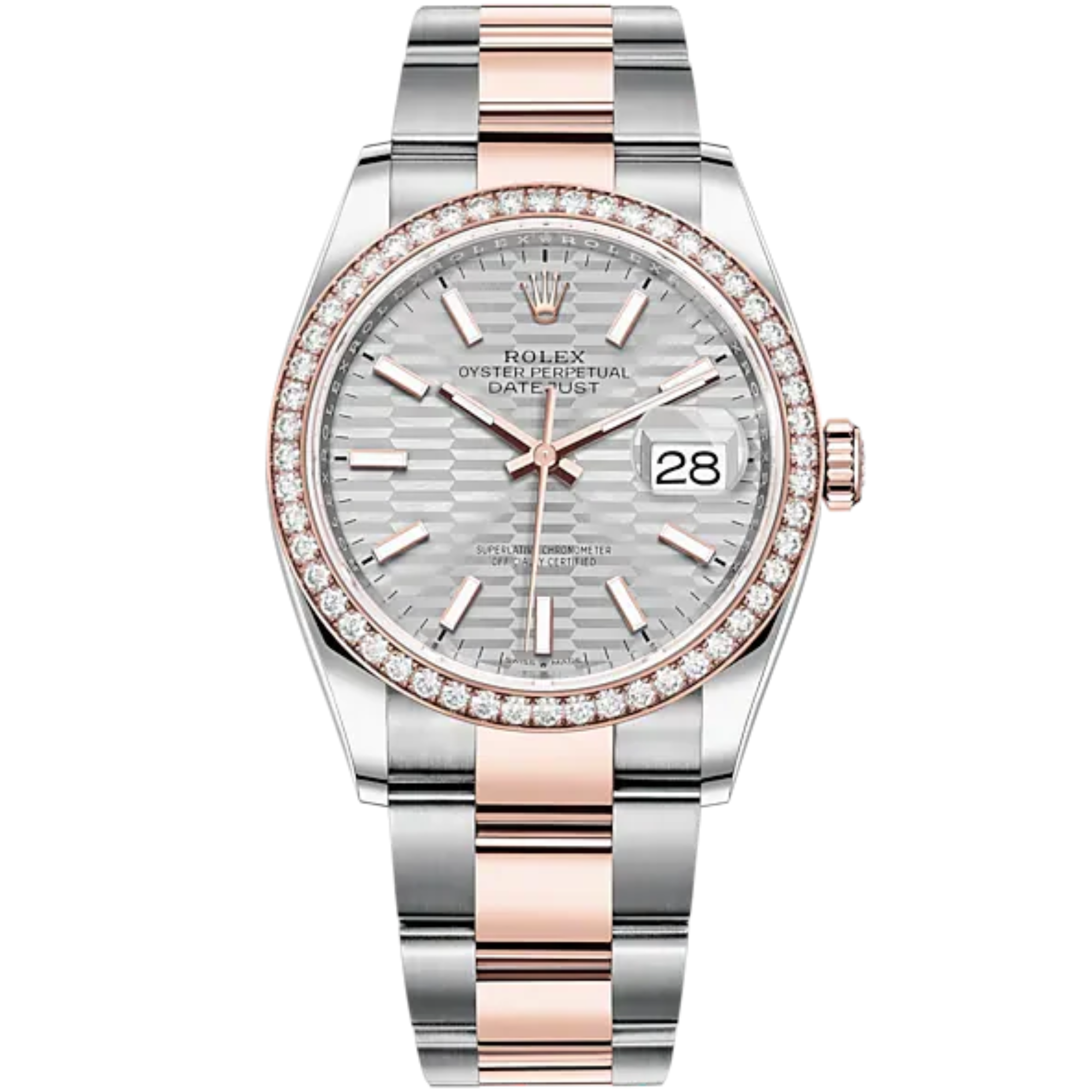 Datejust 36 36mm Oyster Bracelet Oystersteel and Everose Gold with Silver Fluted-Motif Dial Diamond-Set Bezel - Rolex