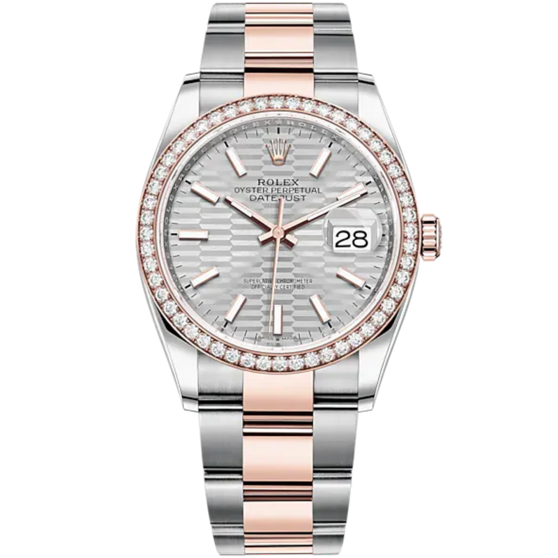 Datejust 36 36mm Oyster Bracelet Oystersteel and Everose Gold with Silver Fluted-Motif Dial Diamond-Set Bezel - Rolex