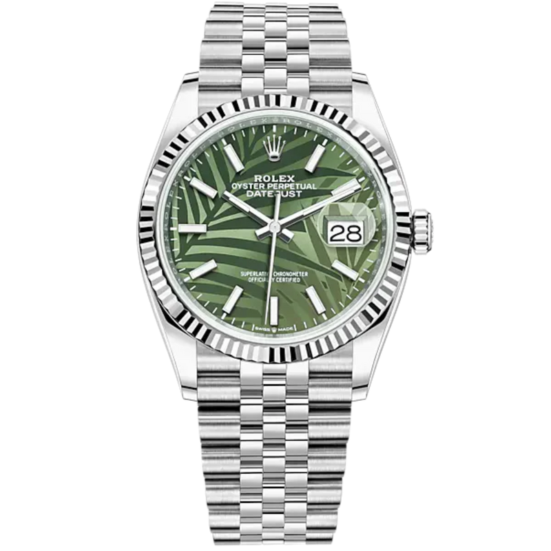 Rolex Datejust Ref. 126234 36mm Jubilee Bracelet and White Gold with Olive-Green Palm-Motif Stick Dial Fluted Bezel - Rolex