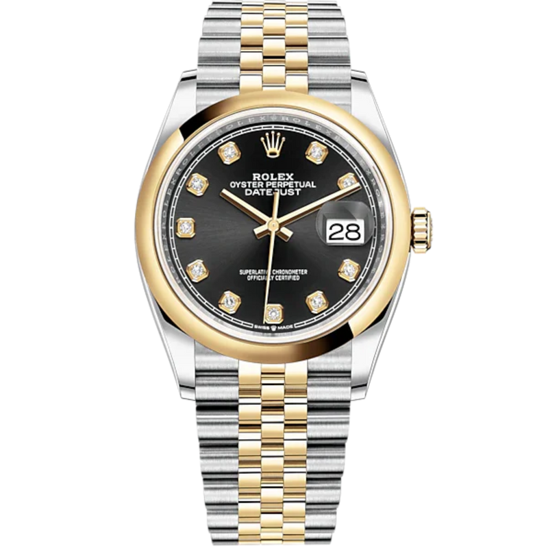 Datejust 36 36mm Oystersteel Jubilee Bracelet and Yellow Gold with Bright Black Diamond-Set Dial Domed Bezel - Rolex