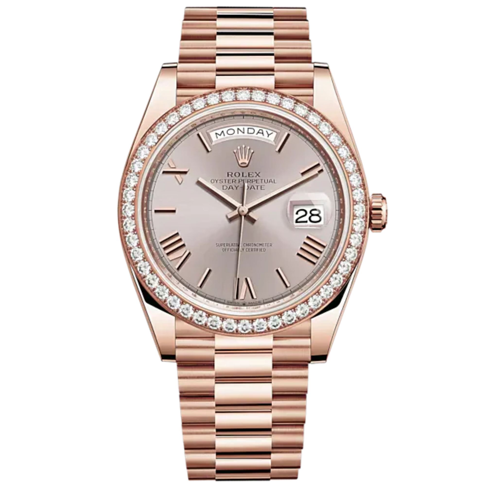 Day-Date 40 40mm President Bracelet and 18 KT Everose Gold with Sundust Dial and Diamond-Set Bezel - Rolex