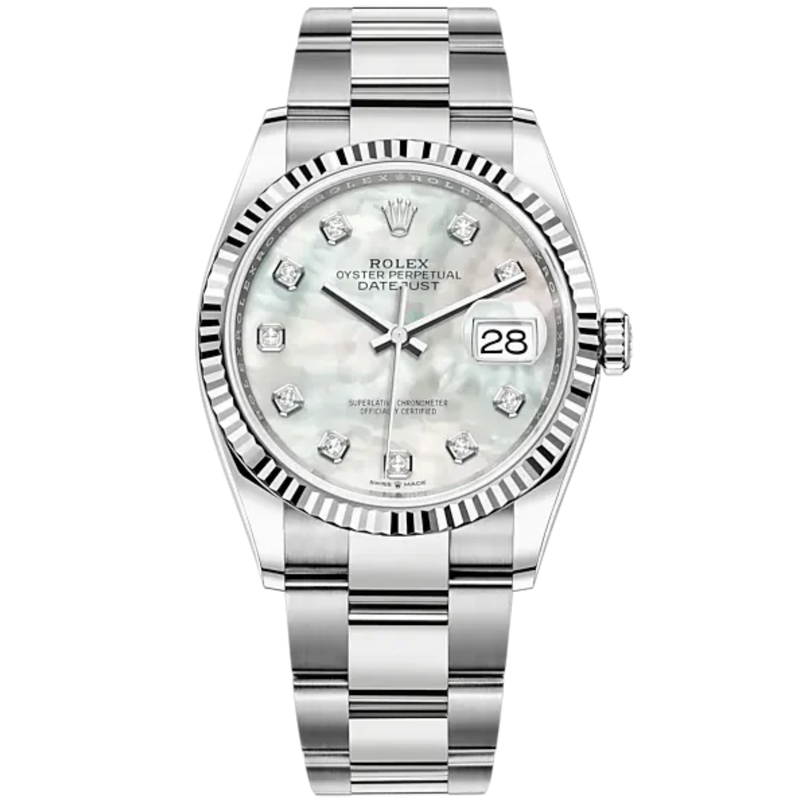 Rolex Datejust 36mm Oyster Bracelet White Gold with White Mother-of-Pearl Diamond-Set Fluted Bezel - Rolex