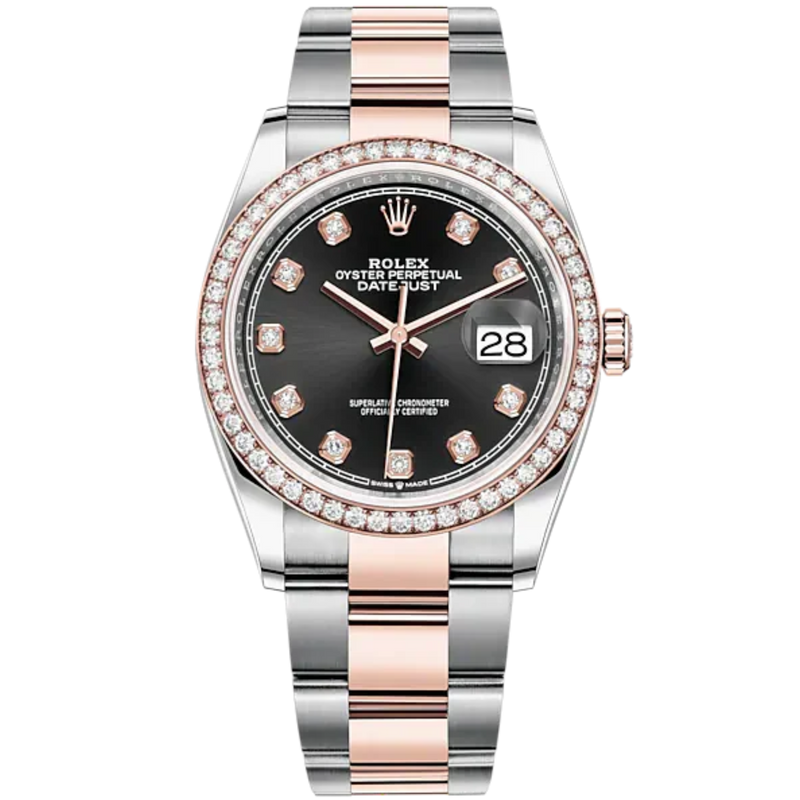 Datejust 36 36mm Oyster Bracelet Oystersteel and Everose Gold with Bright Black Diamond-Set Dial Diamond-Set Bezel - Rolex
