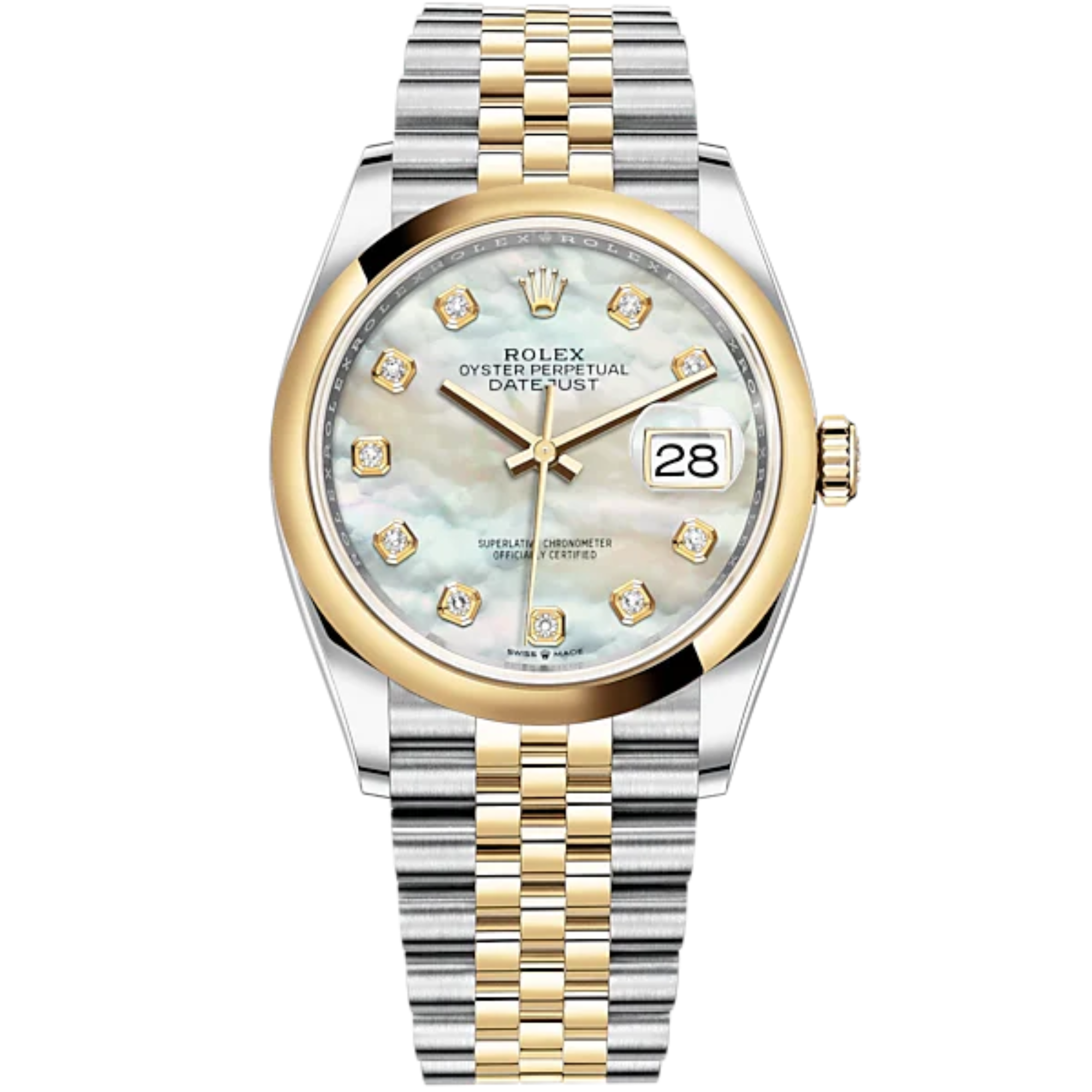 Datejust 36 36mm Oystersteel Jubilee Bracelet and Yellow Gold with White Mother-of-Pearl Diamond-Set Dial Domed Bezel - Rolex