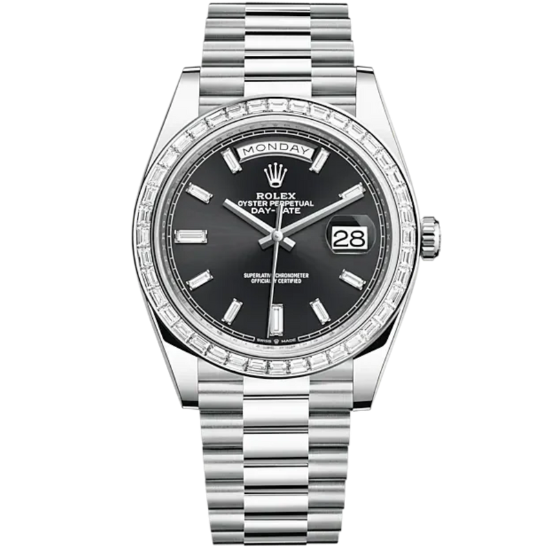 Day-Date 40 40mm Oyster President Bracelet and Platinum with Bright Black Dial Diamond-Set Dial and Diamond-Set Bezel - Rolex