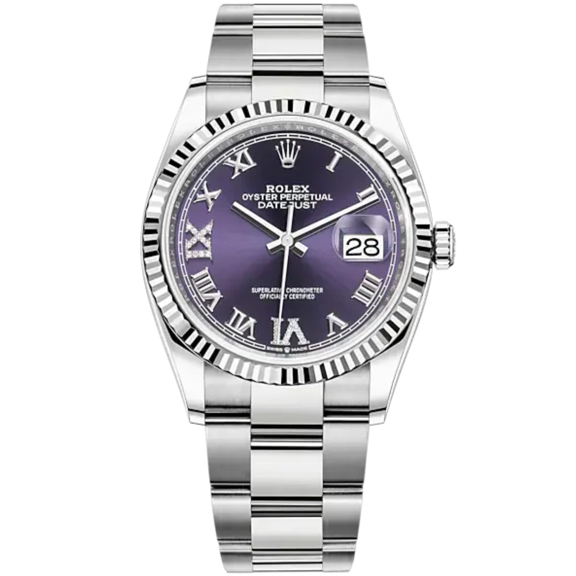 Rolex Datejust Ref. 126234 36mm Oyster Bracelet and White Gold with Aubergine Roman Dial Fluted Bezel - Rolex