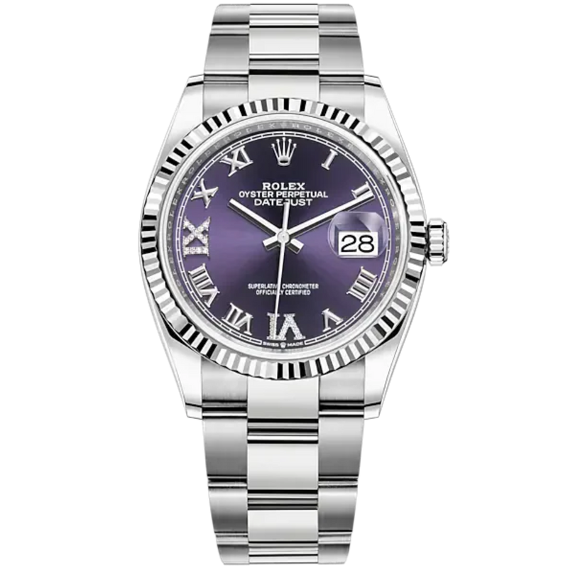 Rolex Datejust Ref. 126234 36mm Oyster Bracelet and White Gold with Aubergine Roman Dial Fluted Bezel - Rolex