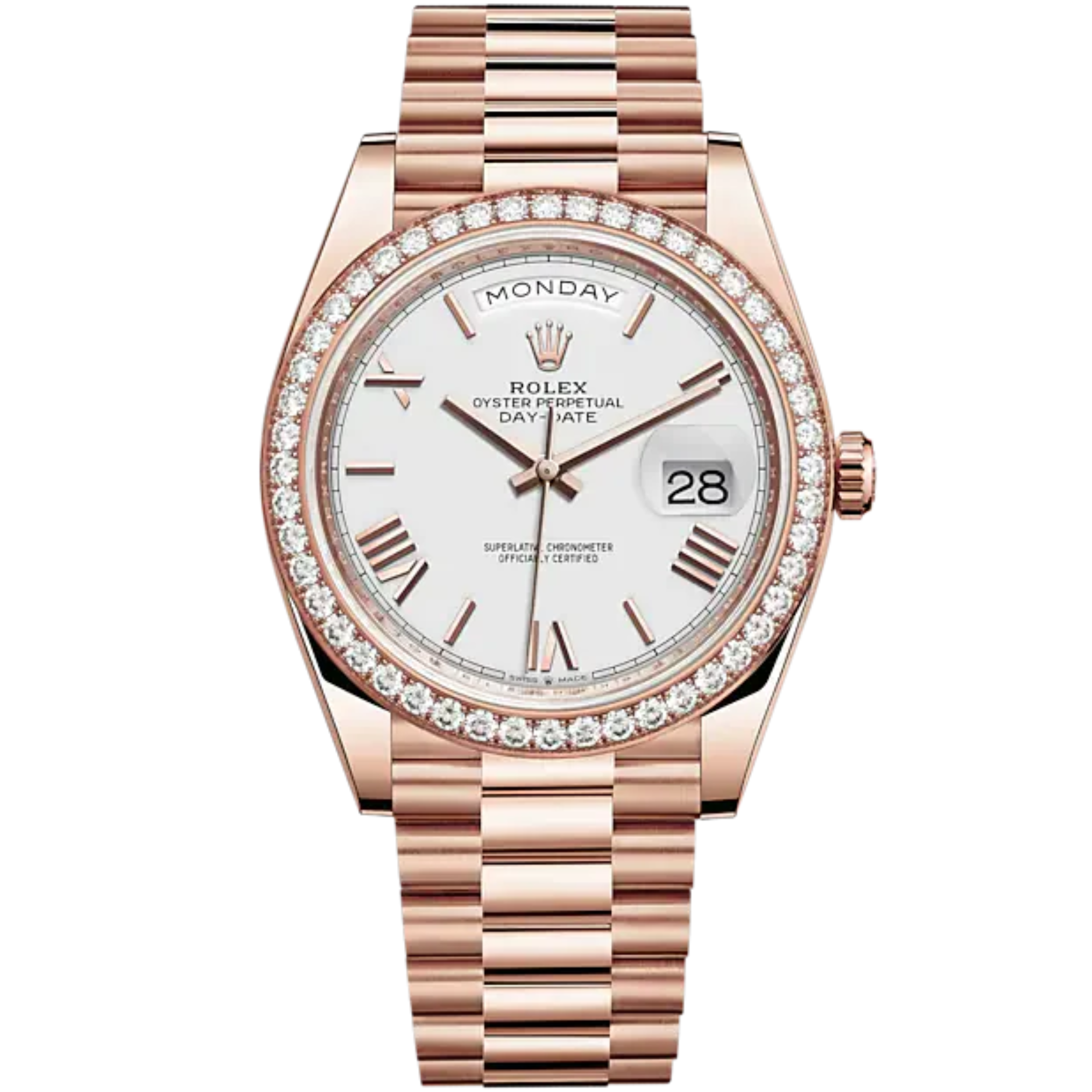 Day-Date 40 40mm President Bracelet and 18 KT Everose Gold with White Dial and Diamond-Set Bezel - Rolex