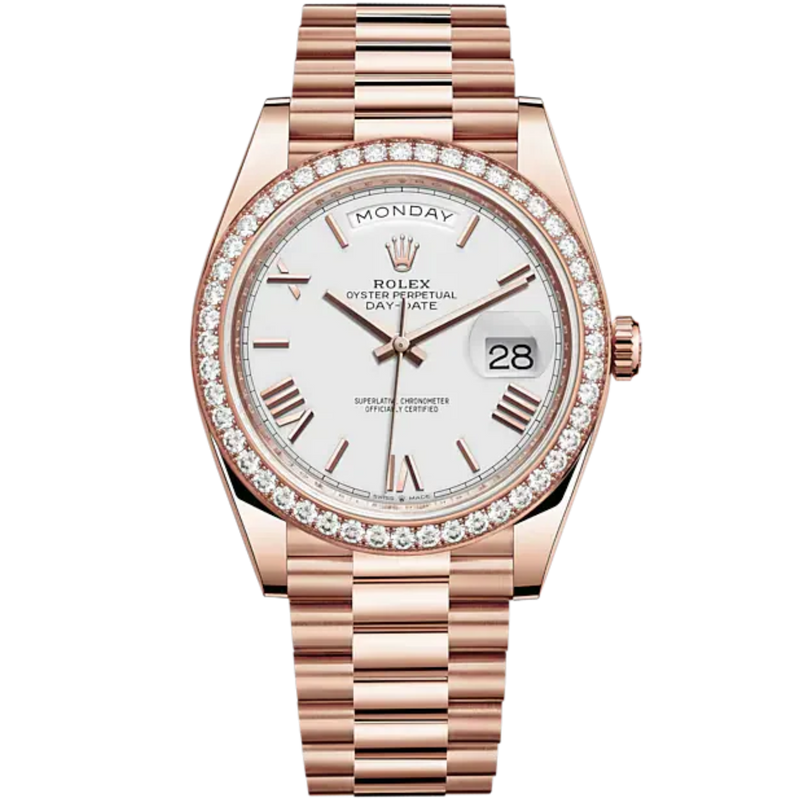 Day-Date 40 40mm President Bracelet and 18 KT Everose Gold with White Dial and Diamond-Set Bezel - Rolex