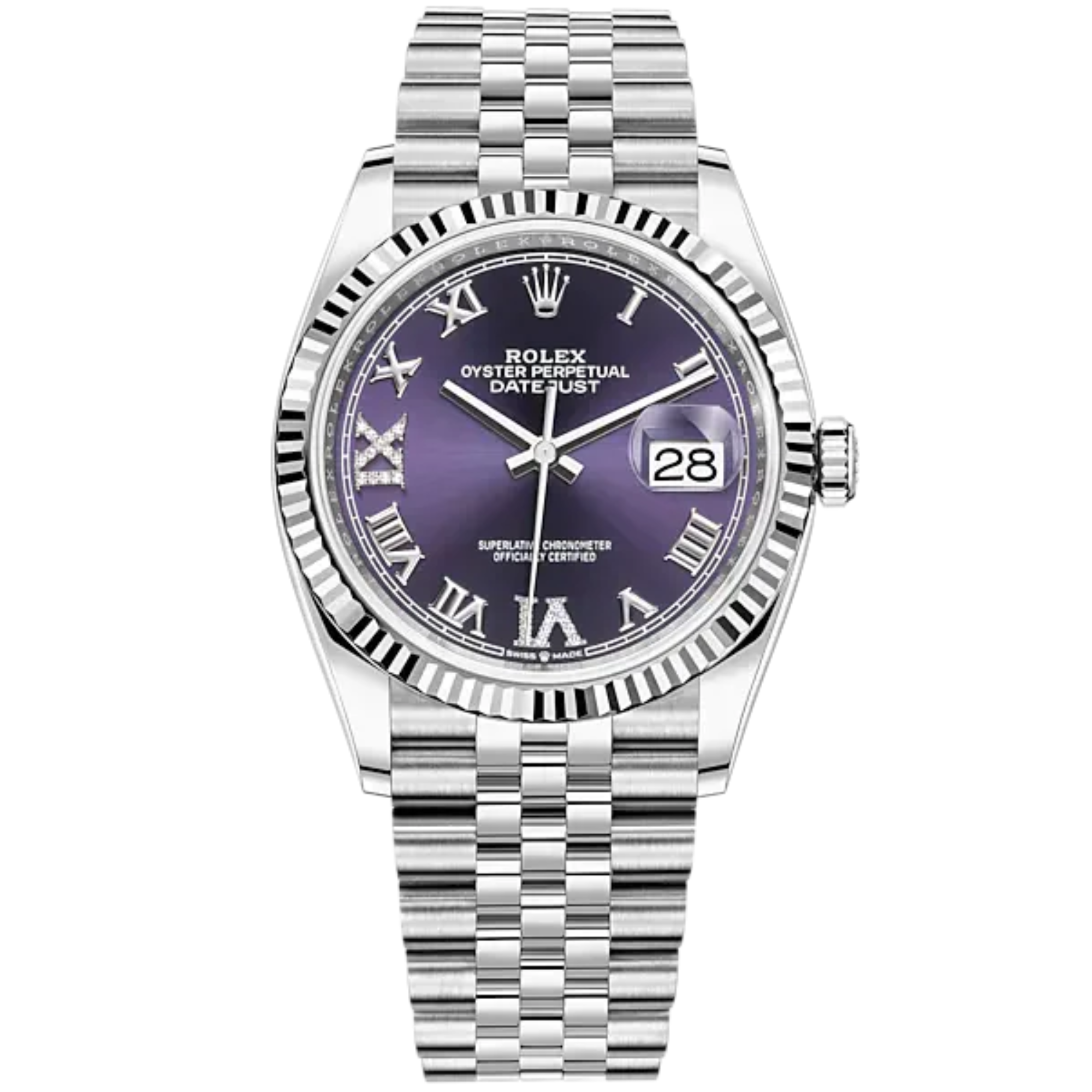 Rolex Datejust Ref. 126234 36mm Jubilee Bracelet and White Gold with Aubergine Roman Dial Fluted Bezel - Rolex