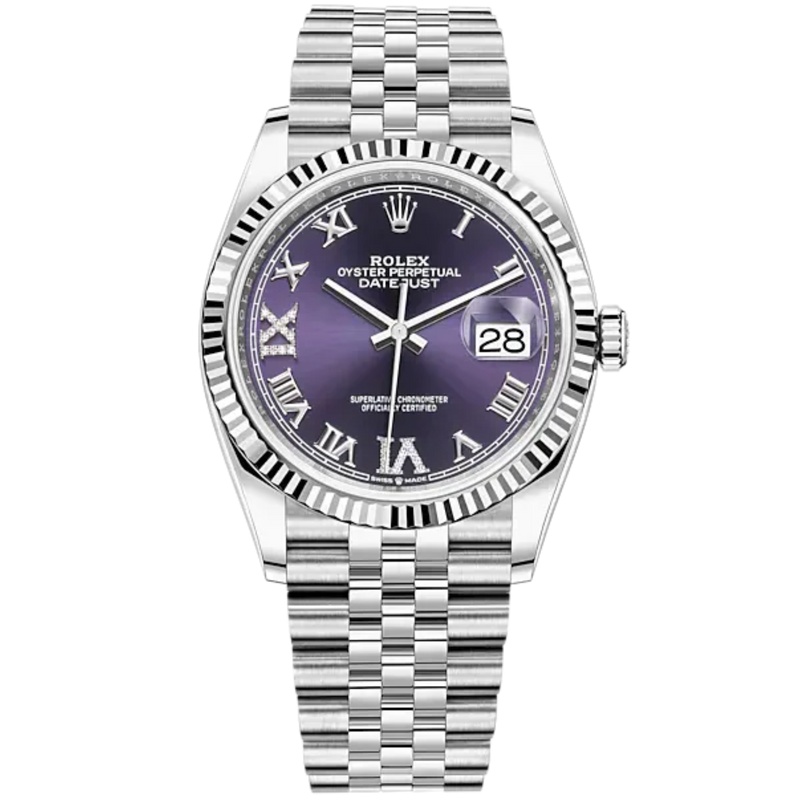 Rolex Datejust Ref. 126234 36mm Jubilee Bracelet and White Gold with Aubergine Roman Dial Fluted Bezel - Rolex