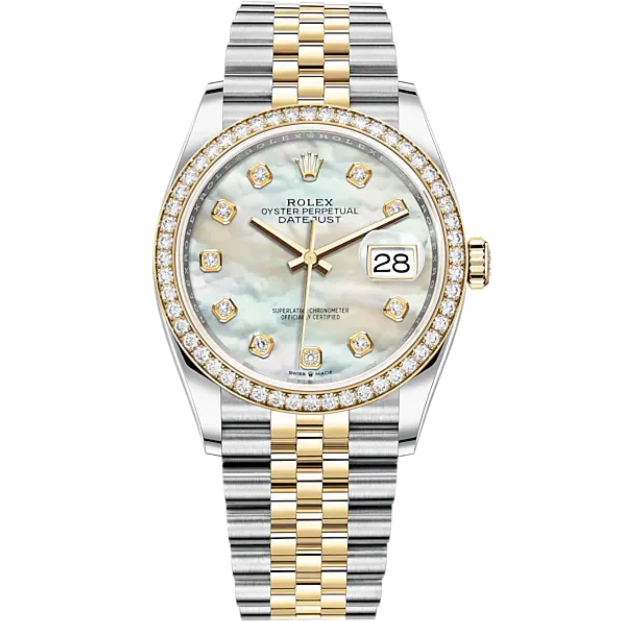 Datejust 36 36mm Oystersteel Jubilee Bracelet and Yellow Gold with White Mother-of-Pearl Diamond-Set Dial Diamond-Set Bezel - Rolex