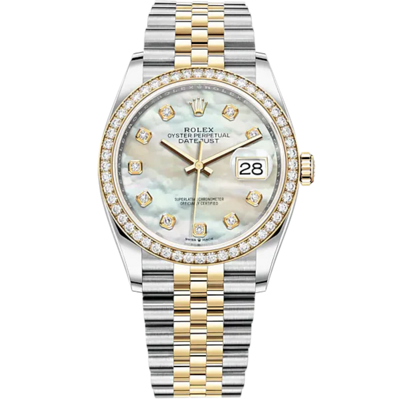 Datejust 36 36mm Oystersteel Jubilee Bracelet and Yellow Gold with White Mother-of-Pearl Diamond-Set Dial Diamond-Set Bezel - Rolex