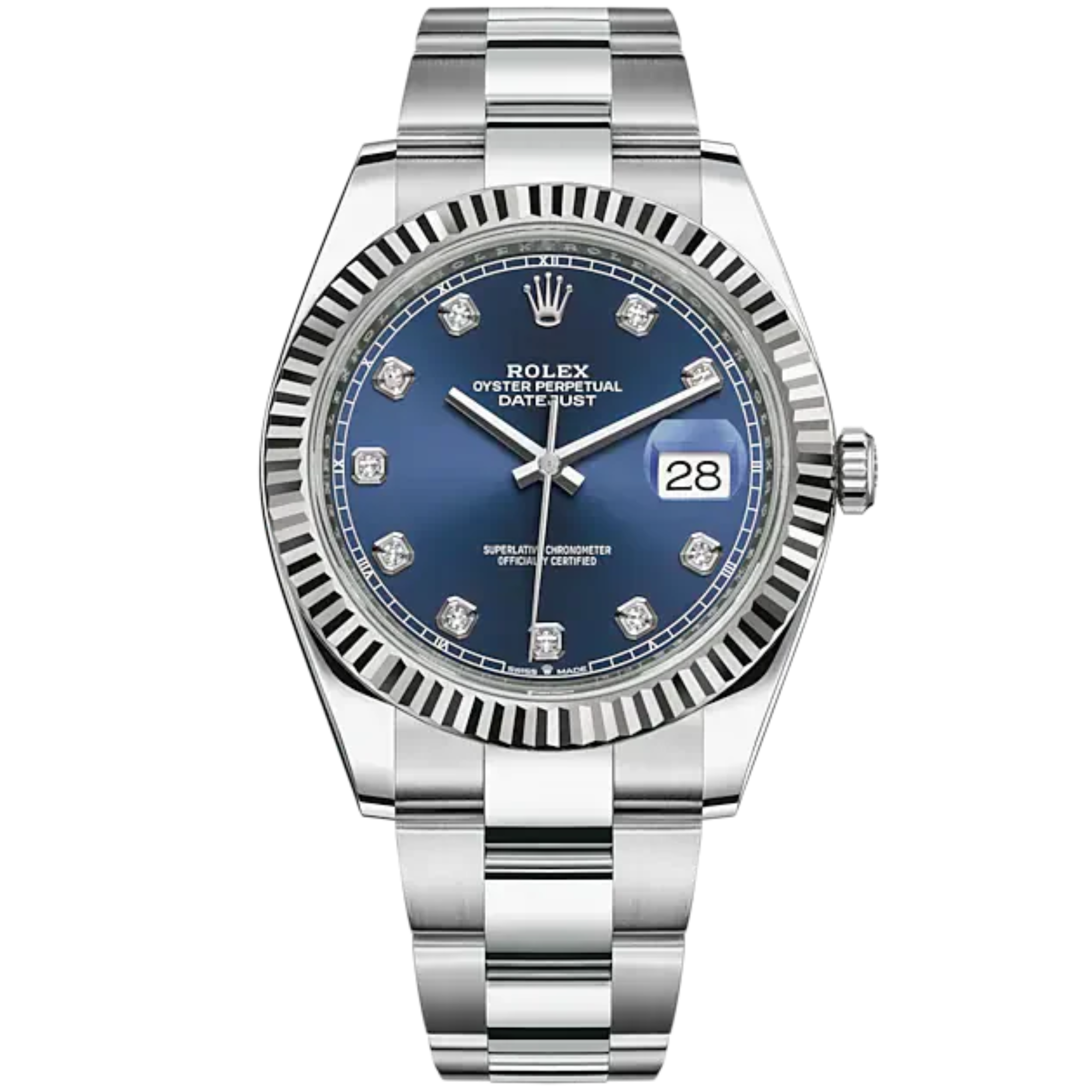 Datejust 41 41mm Oyster Bracelet and White Gold with Bright Blue Diamond-Set Dial Fluted Bezel - Rolex