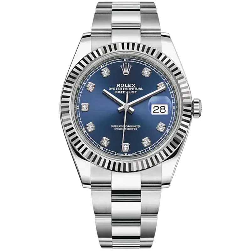 Datejust 41 41mm Oyster Bracelet and White Gold with Bright Blue Diamond-Set Dial Fluted Bezel - Rolex