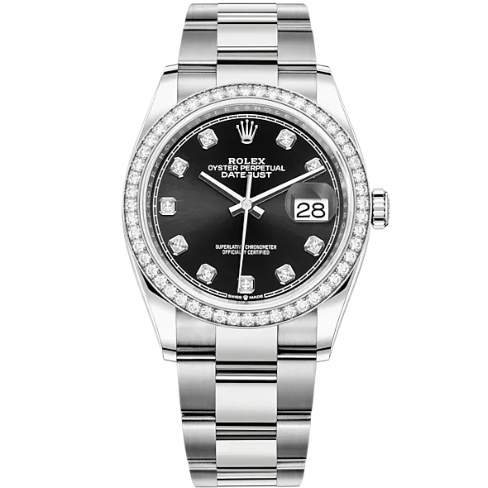 Datejust 36 36mm Oyster Bracelet Oystersteel and White Gold with Bright Black Diamond-Set Dial Diamond-Set Bezel - Rolex