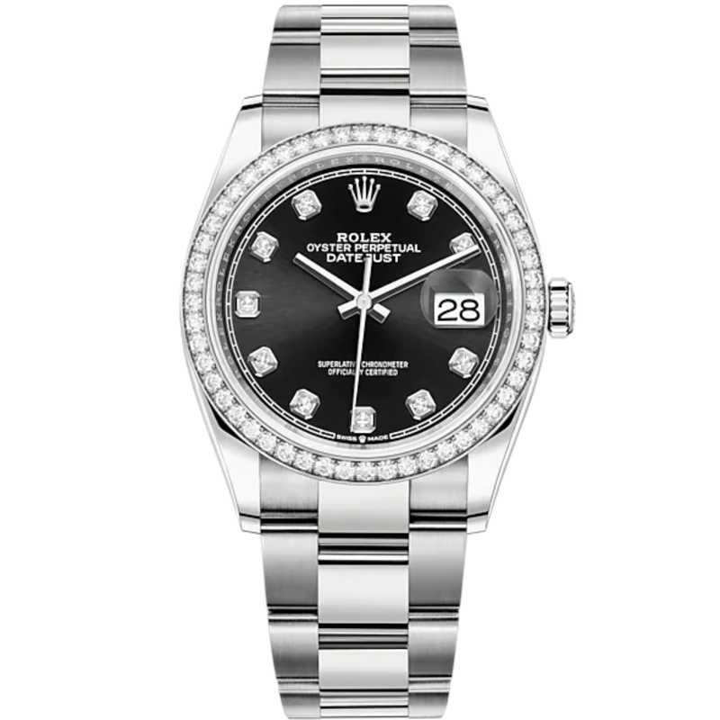 Datejust 36 36mm Oyster Bracelet Oystersteel and White Gold with Bright Black Diamond-Set Dial Diamond-Set Bezel - Rolex