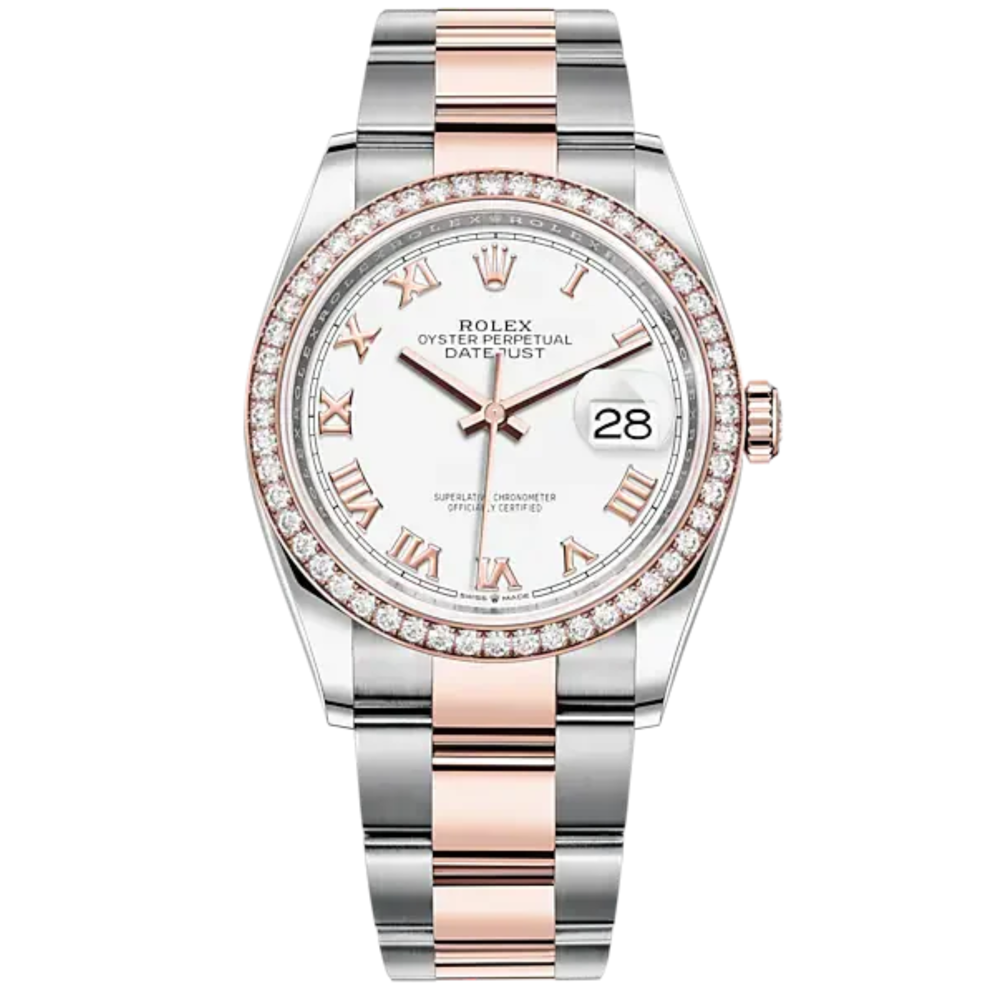 Datejust 36 36mm Oyster Bracelet Oystersteel and Everose Gold with White Roman Dial Diamond-Set Bezel - Rolex