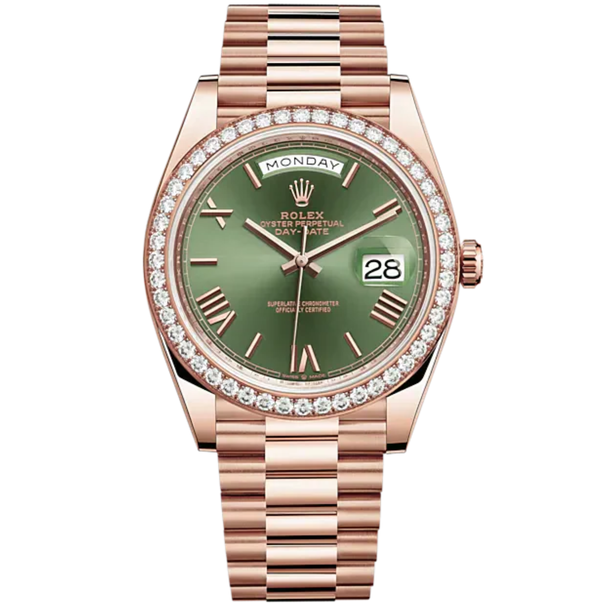 Day-Date 40 40mm President Bracelet and 18 KT Everose Gold with Olive Green Dial and Diamond-Set Bezel - Rolex