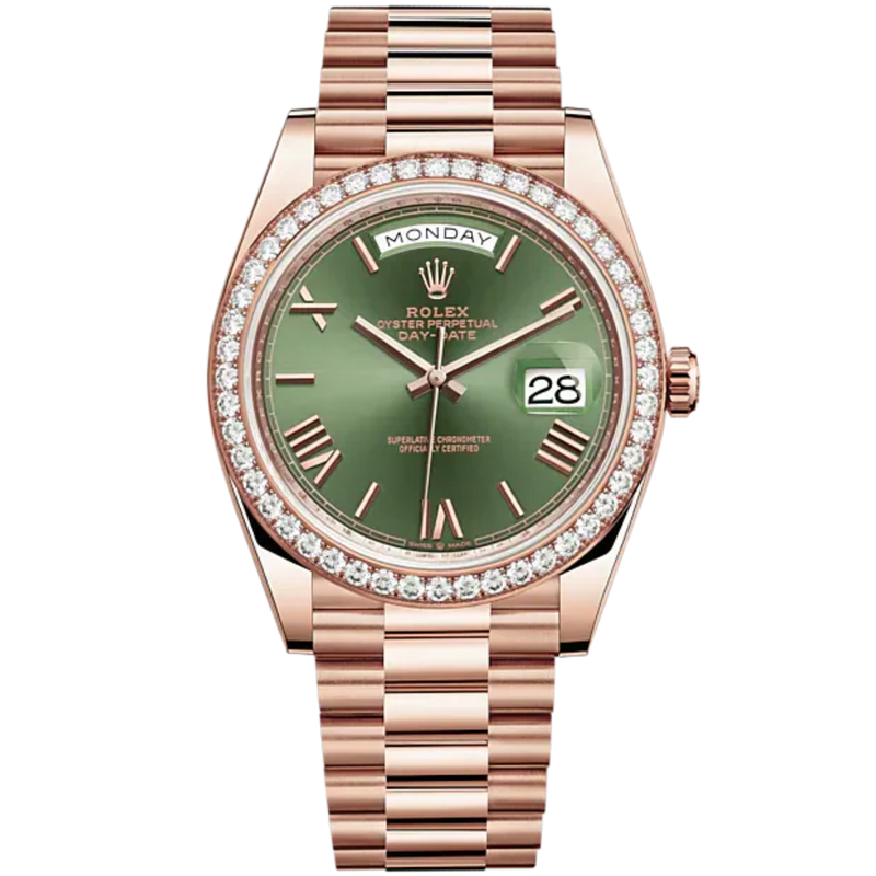 Day-Date 40 40mm President Bracelet and 18 KT Everose Gold with Olive Green Dial and Diamond-Set Bezel - Rolex