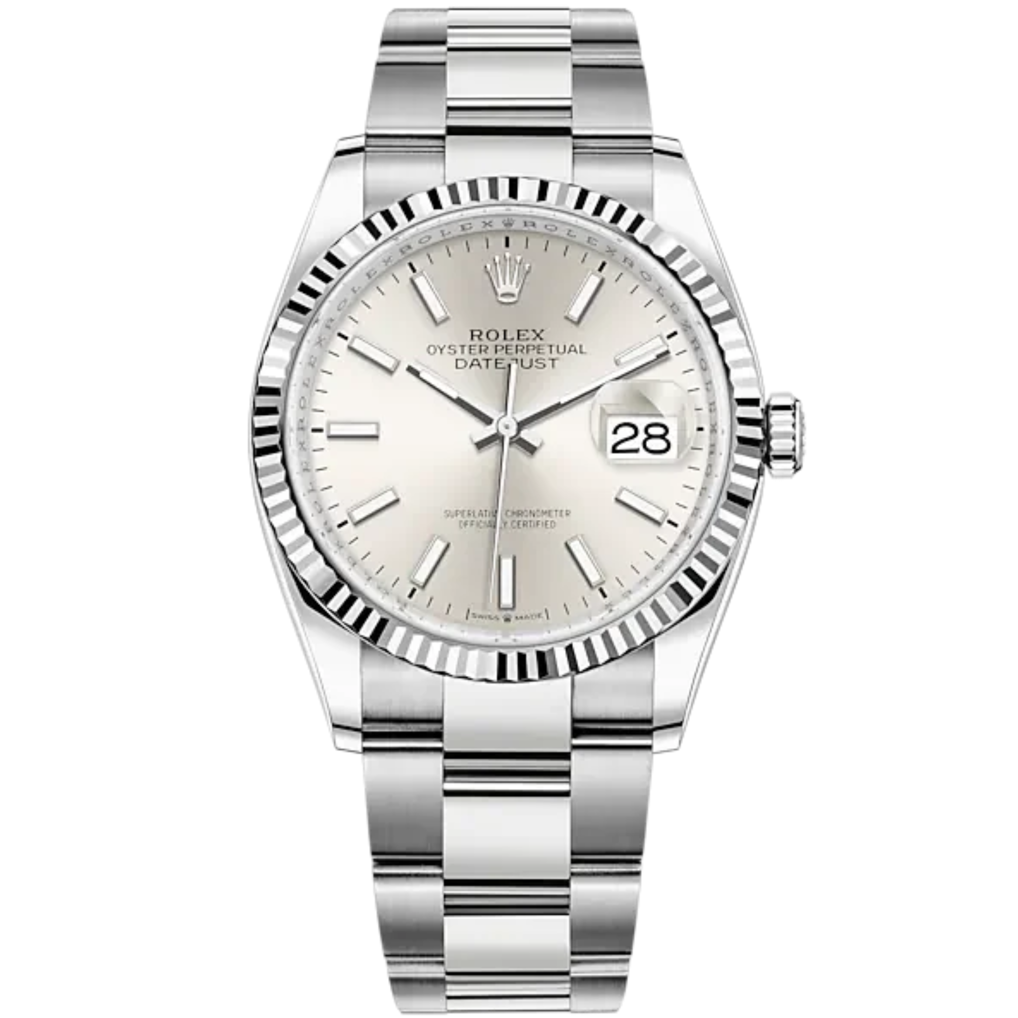 Rolex Datejust Ref. 126234 36mm Oyster Bracelet and White Gold with Silver Stick Dial Fluted Bezel - Rolex