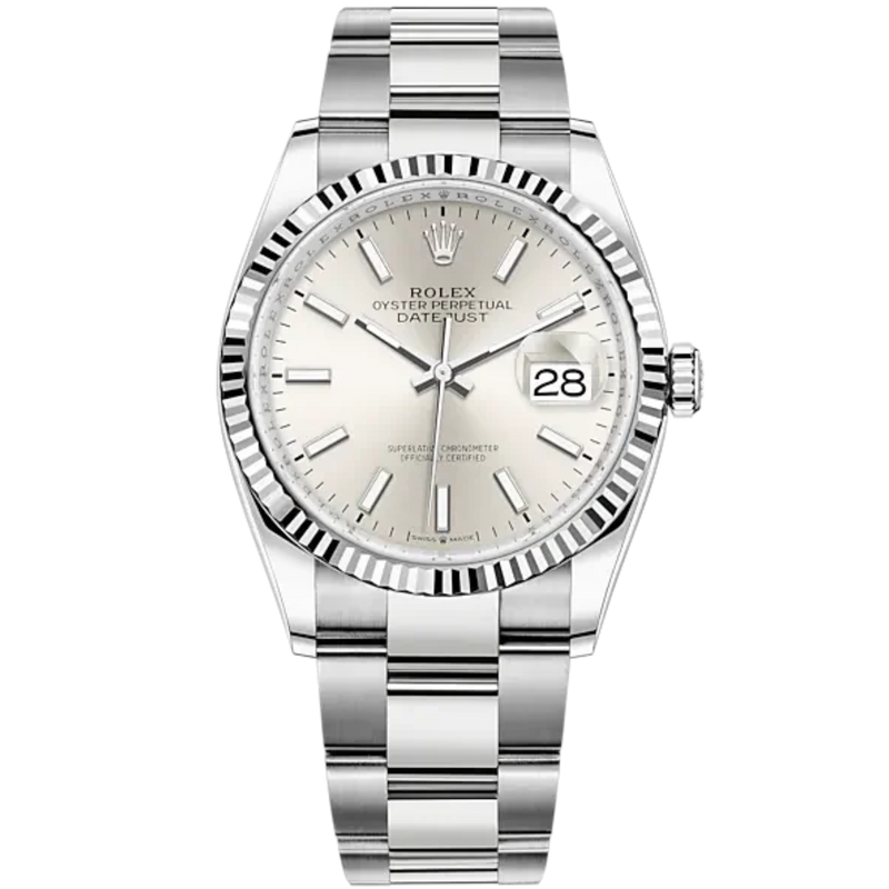 Rolex Datejust Ref. 126234 36mm Oyster Bracelet and White Gold with Silver Stick Dial Fluted Bezel - Rolex