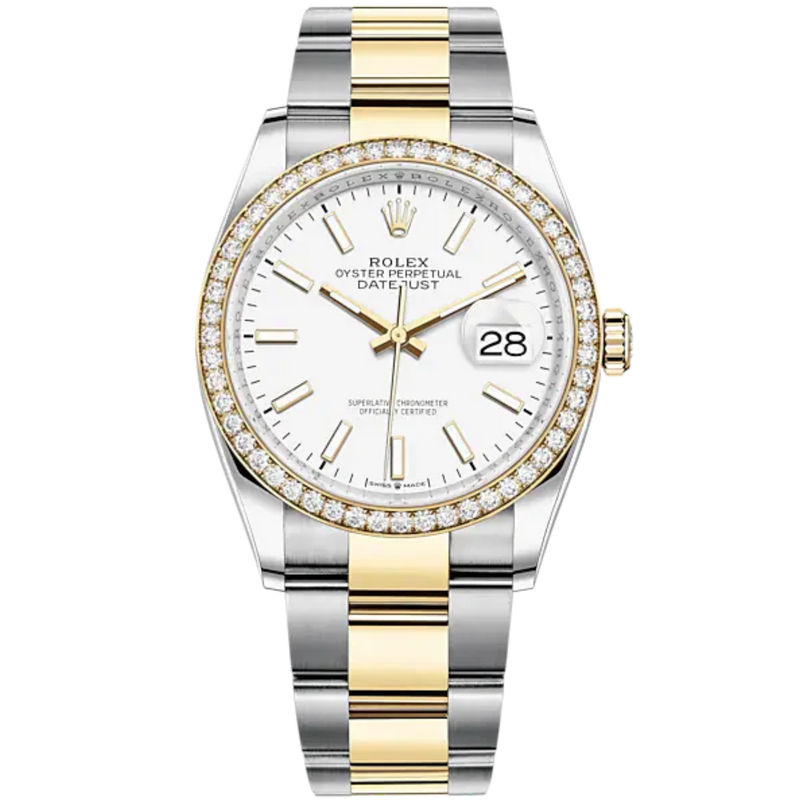 Datejust 36 36mm Oyster Bracelet Oystersteel and Yellow Gold with White Dial Diamond-Set Bezel - Rolex