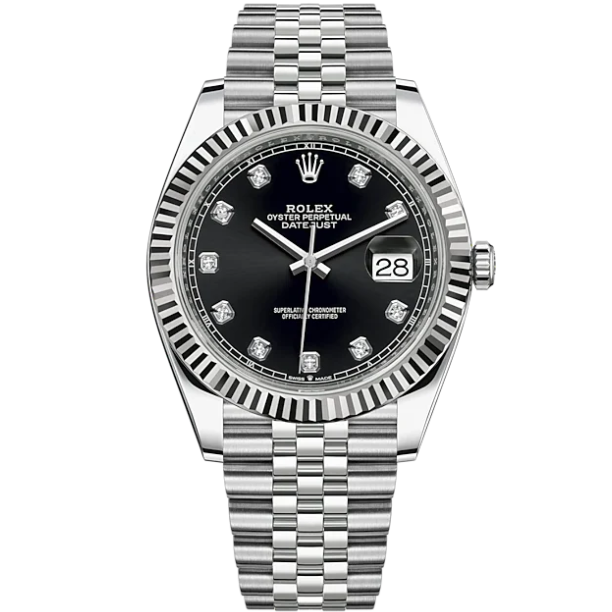 Datejust 41 41mm Jubilee Bracelet Oystersteel and White Gold with Bright Black Diamond-Set Dial Fluted Bezel - Rolex