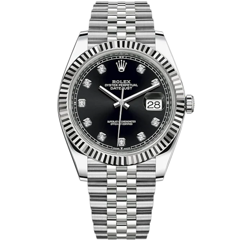 Datejust 41 41mm Jubilee Bracelet Oystersteel and White Gold with Bright Black Diamond-Set Dial Fluted Bezel - Rolex