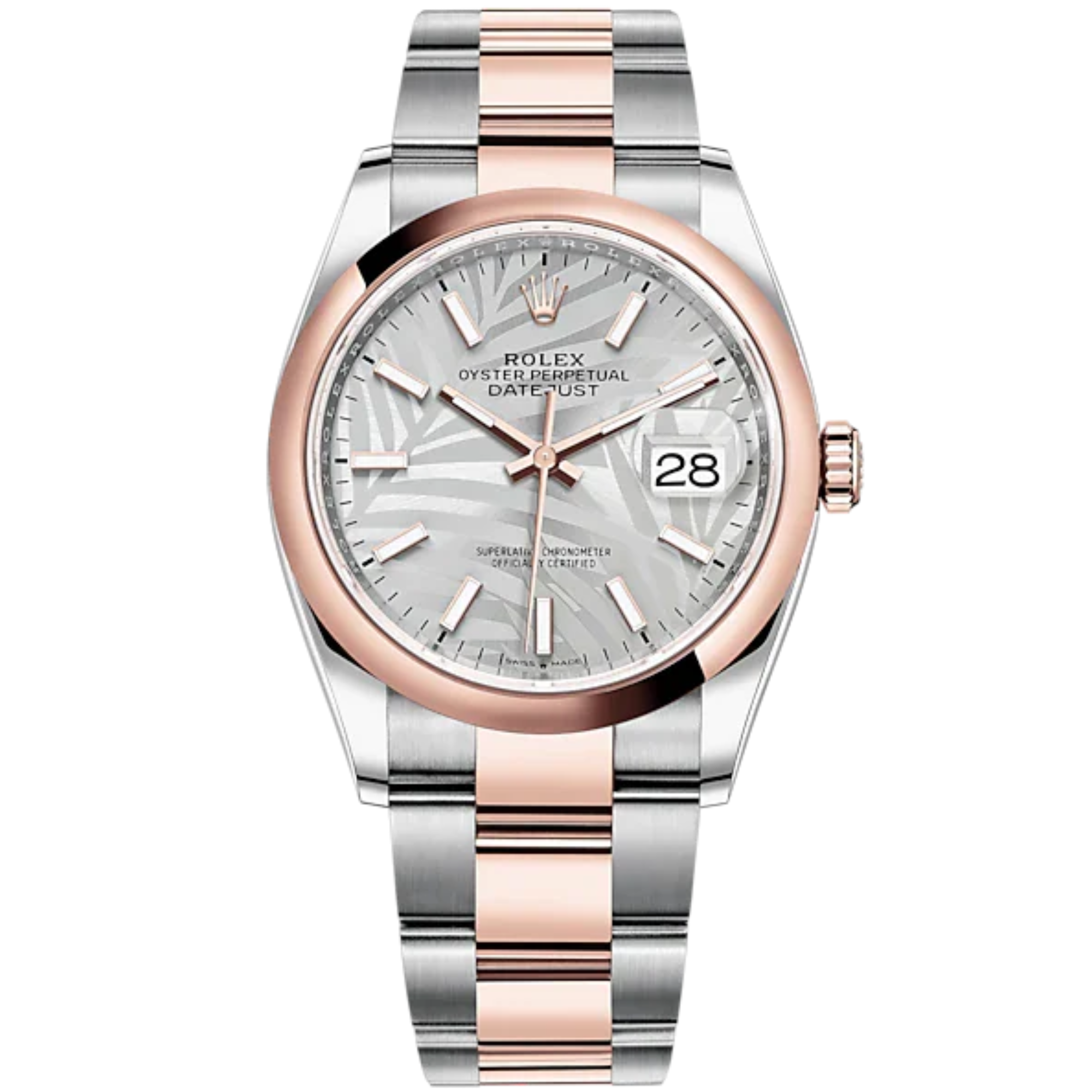 Datejust 36 36mm Oyster Bracelet Oystersteel and Everose Gold with Silver Palm-Motif Dial Domed Bezel - Rolex