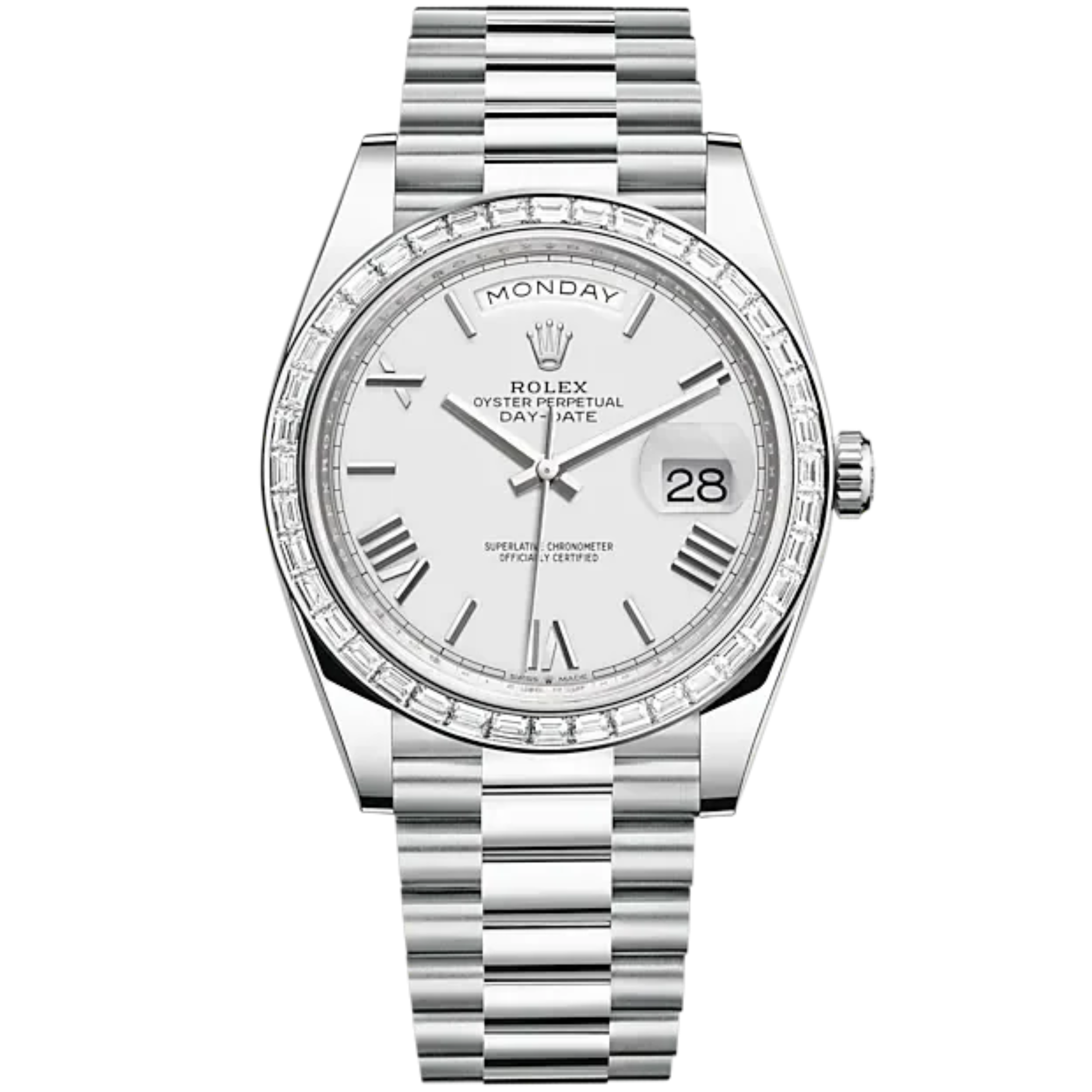 Day-Date 40 40mm President Bracelet and 18 KT White Gold with White Dial and Diamond-Set Bezel - Rolex