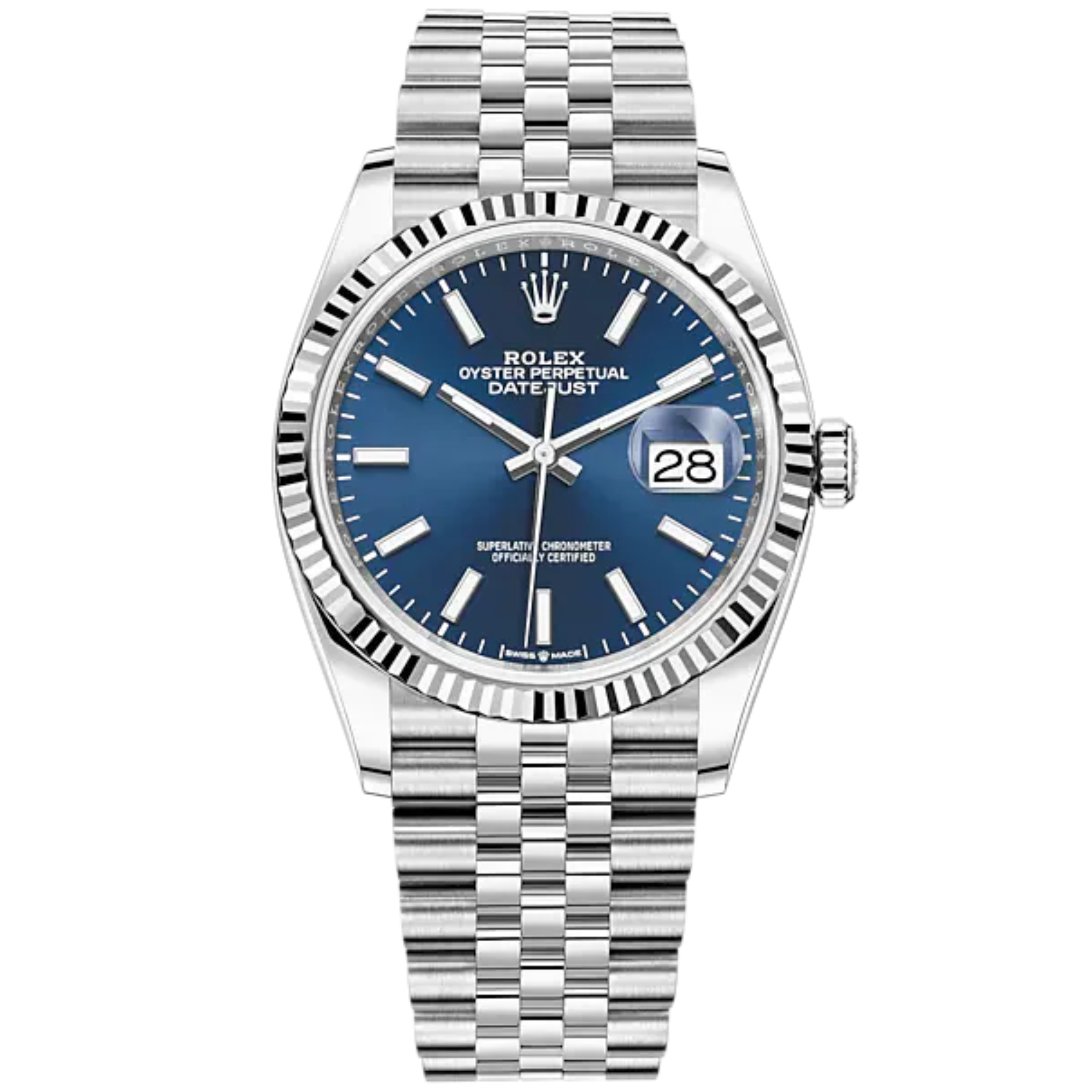 Datejust 36 36mm Oystersteel Jubilee Bracelet and White Gold with Bright Blue Dial Fluted Bezel - Rolex