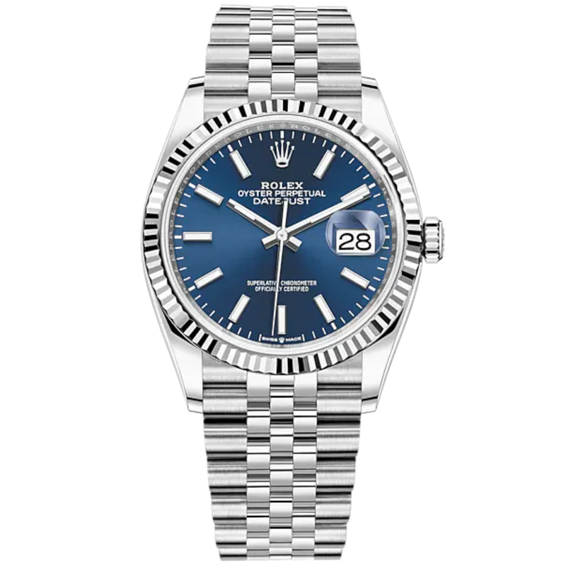 Datejust 36 36mm Oystersteel Jubilee Bracelet and White Gold with Bright Blue Dial Fluted Bezel - Rolex