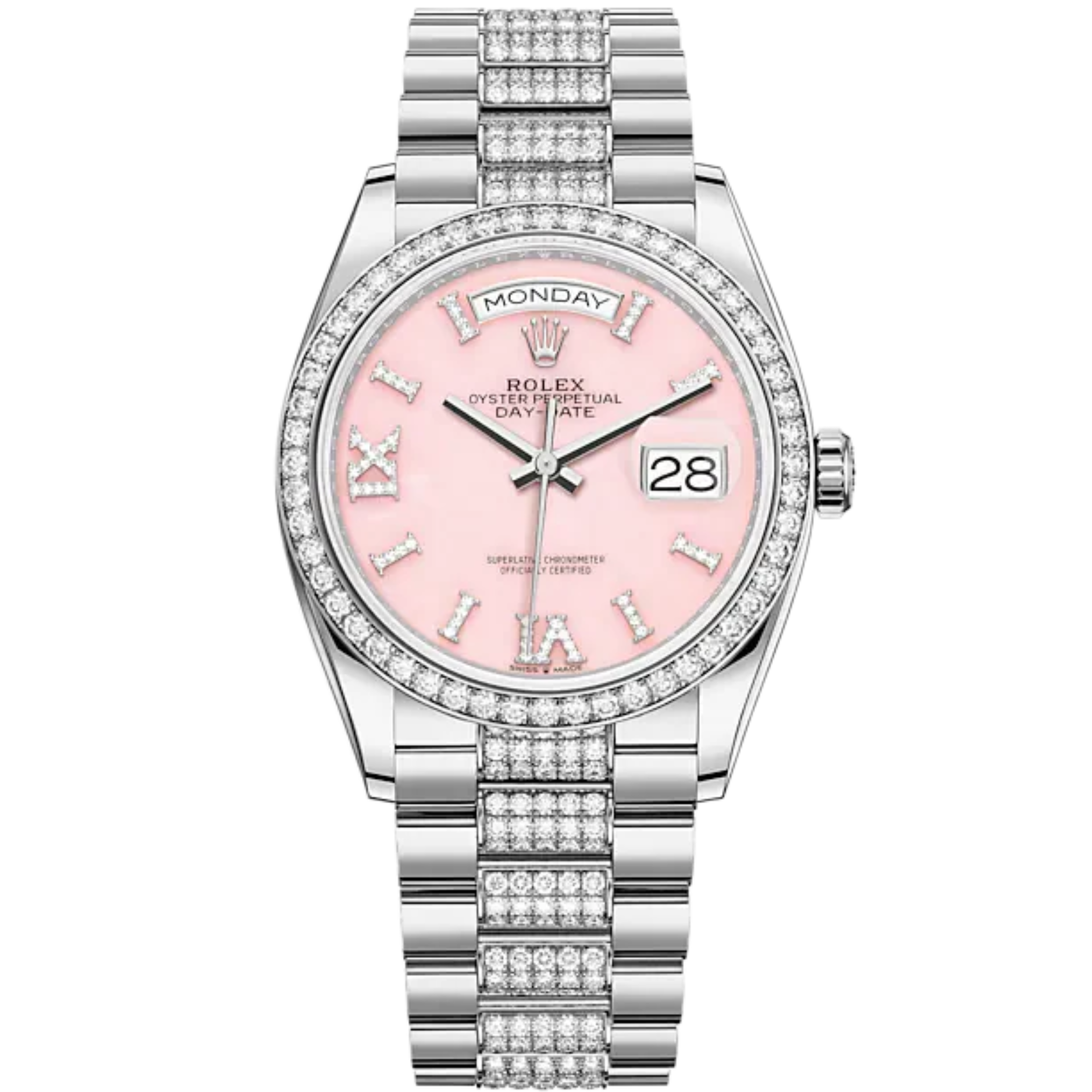 Day-Date 36 36mm President Bracelet and 18 KT White Gold with Pink Opal Dial Diamond-Set Dial Diamond-Set Bezel - Rolex