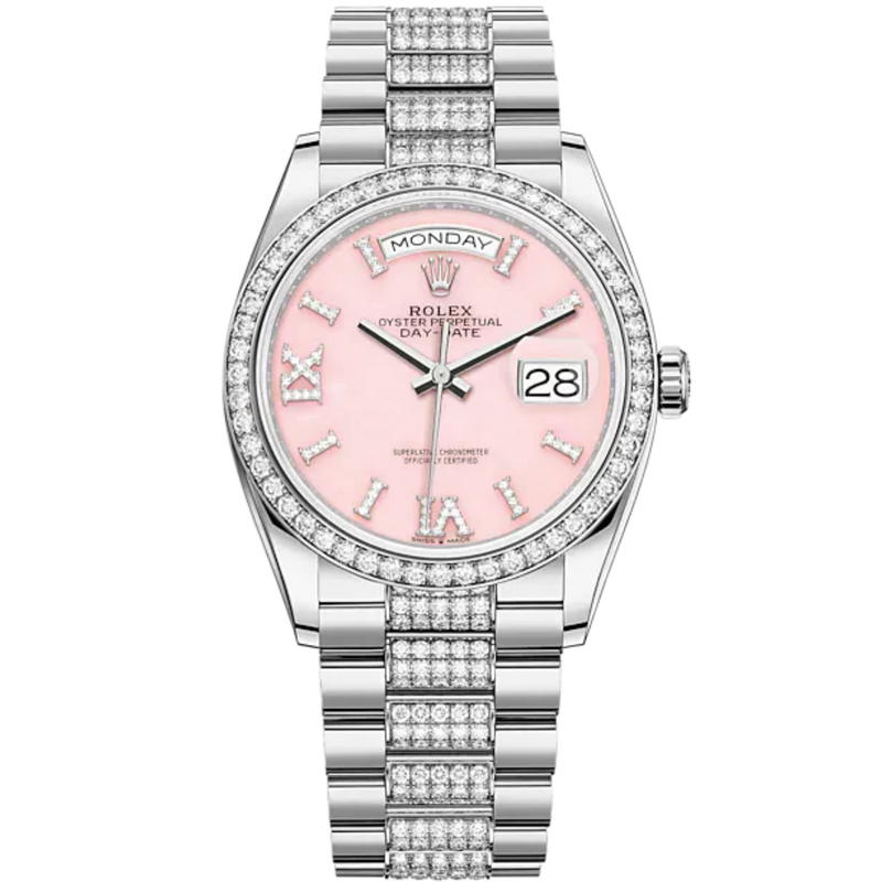 Day-Date 36 36mm President Bracelet and 18 KT White Gold with Pink Opal Dial Diamond-Set Dial Diamond-Set Bezel - Rolex