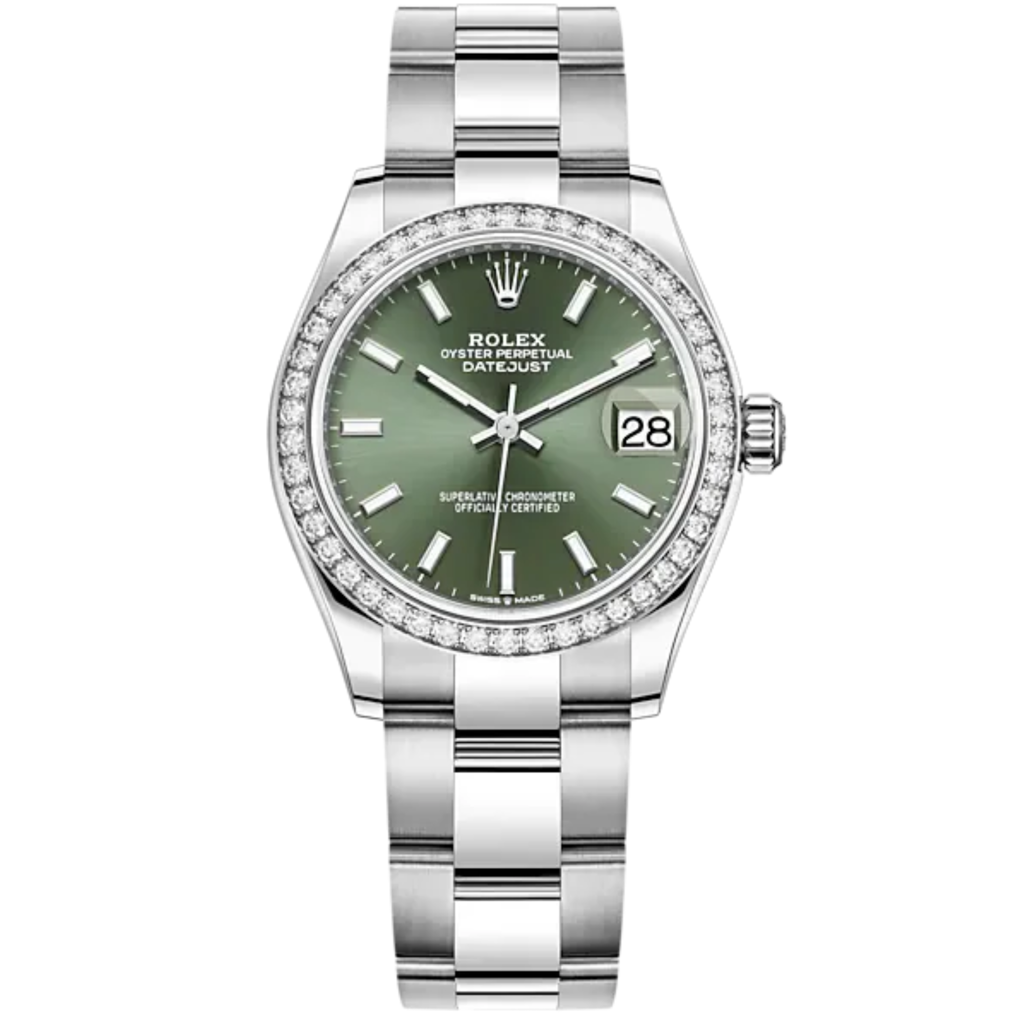Datejust 31 31mm Oyster Bracelet Oystersteel and White Gold with Mint Green Dial Diamond-Set Bezel - Rolex