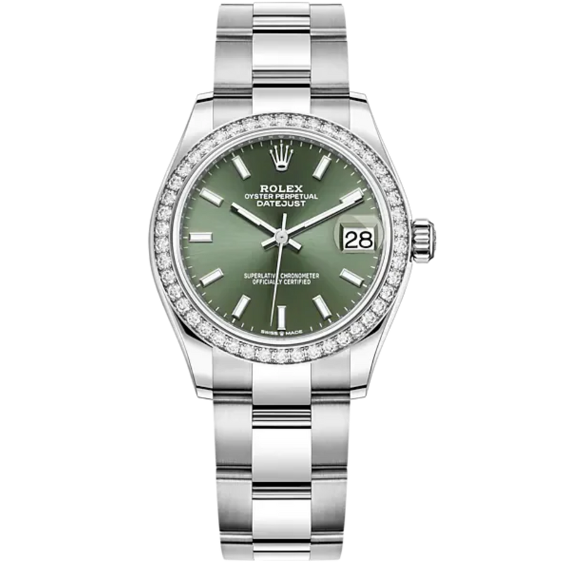 Datejust 31 31mm Oyster Bracelet Oystersteel and White Gold with Mint Green Dial Diamond-Set Bezel - Rolex