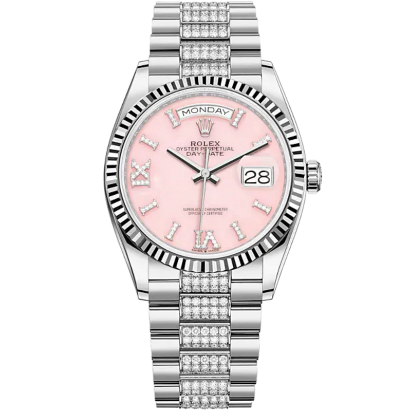 Day-Date 36 36mm President Bracelet and 18 KT White Gold with Pink Opal Dial Diamond-Set Dial Fluted Bezel - Rolex