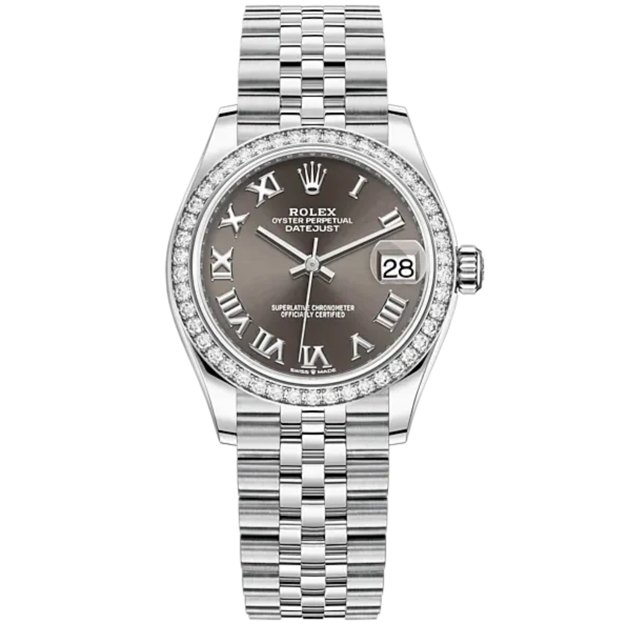 Datejust 31 31mm Jubilee Bracelet Oystersteel and White Gold with Dark Grey Roman Dial Diamond-Set Bezel - Rolex