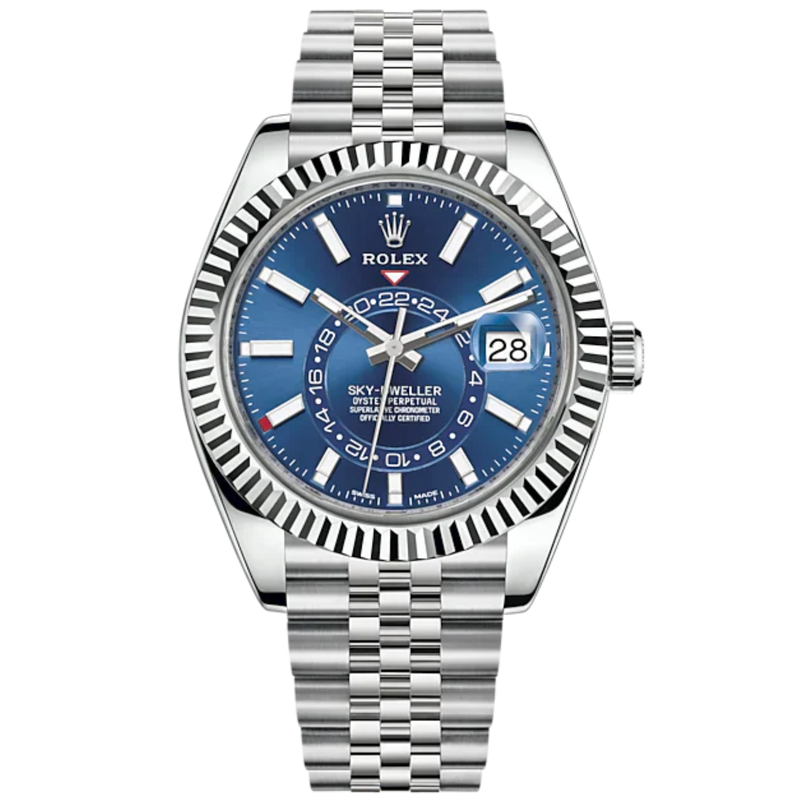 Sky-Dweller 42mm Jubilee Bracelet Oystersteel and White Gold with Bright Blue Dial Fluted Bezel - Rolex