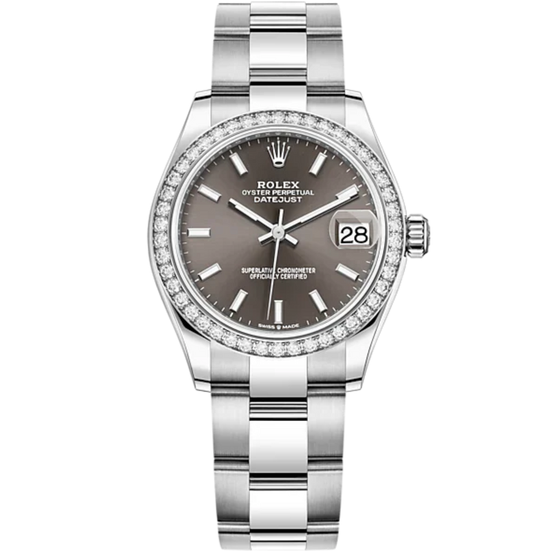 Datejust 31 31mm Oyster Bracelet Oystersteel and White Gold with Dark Grey Dial Diamond-Set Bezel - Rolex