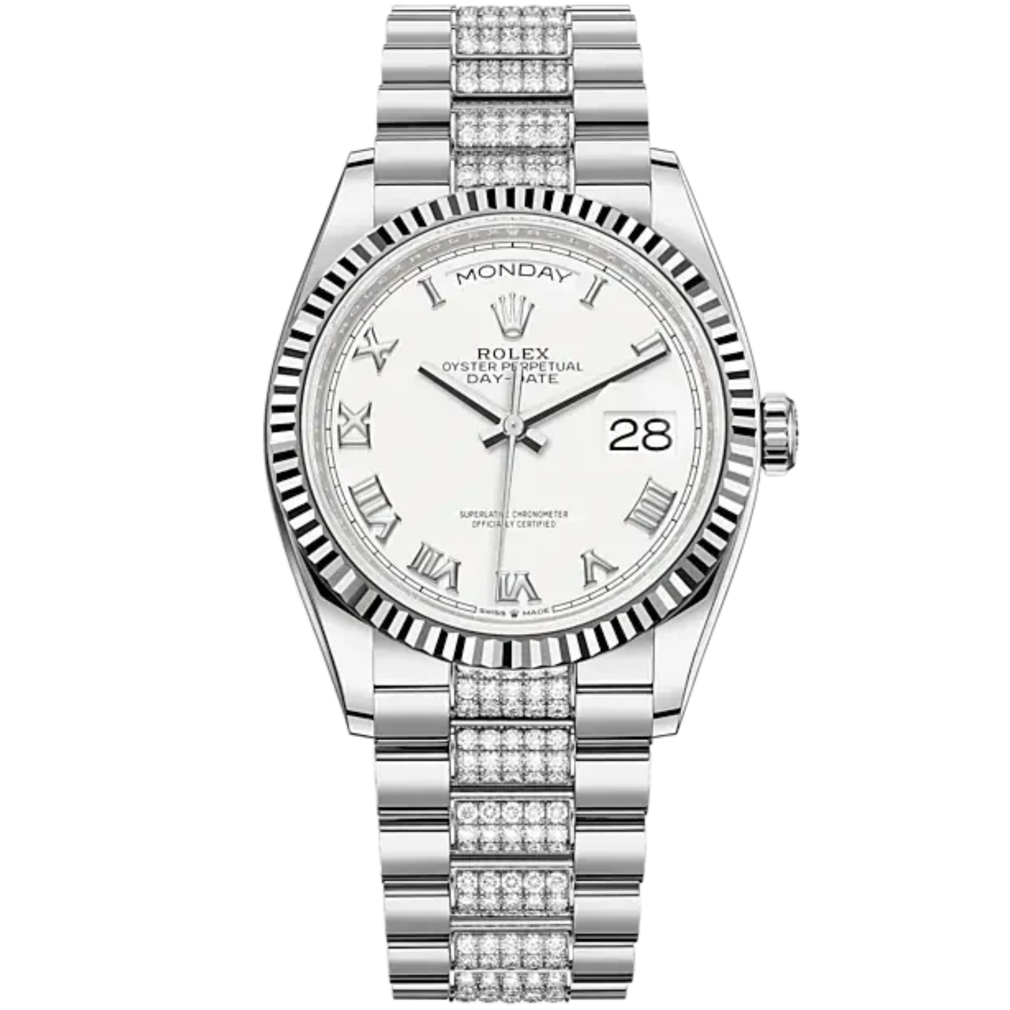 Day-Date 36 36mm President Bracelet and 18 KT White Gold with White Dial Fluted Bezel and Diamond-Set President Bracelet - Rolex
